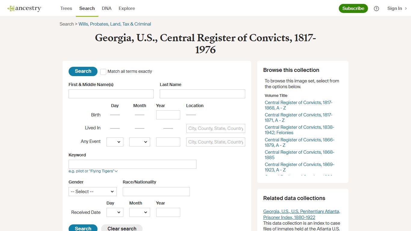 Georgia, U.S., Central Register of Convicts, 1817-1976 - Ancestry